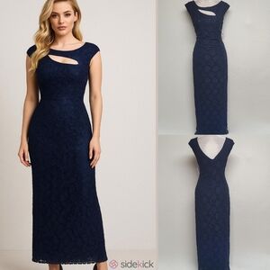 Connected Apparel Navy Blue Lace Sequin Cut-out Peek-a-boo Maxi Column Dress 12
